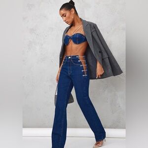 PrettyLittleThing Dark Blue Wash Diamanté Lace Up Side Detail Jeans Size 2 NWT